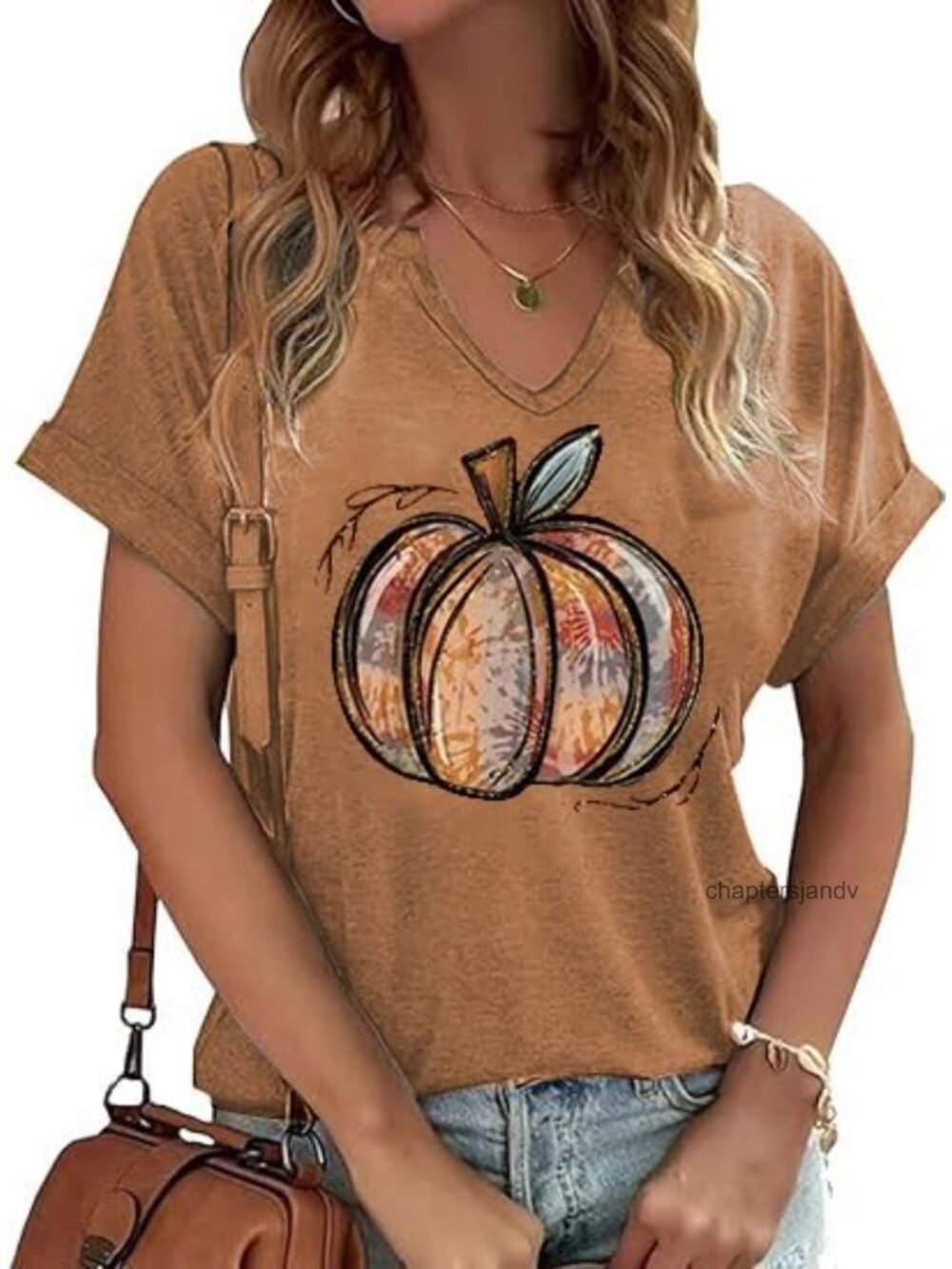 V Neck Pumpkin Graphic T Shirt Cute Halloween Thanksgiving Fall Tee